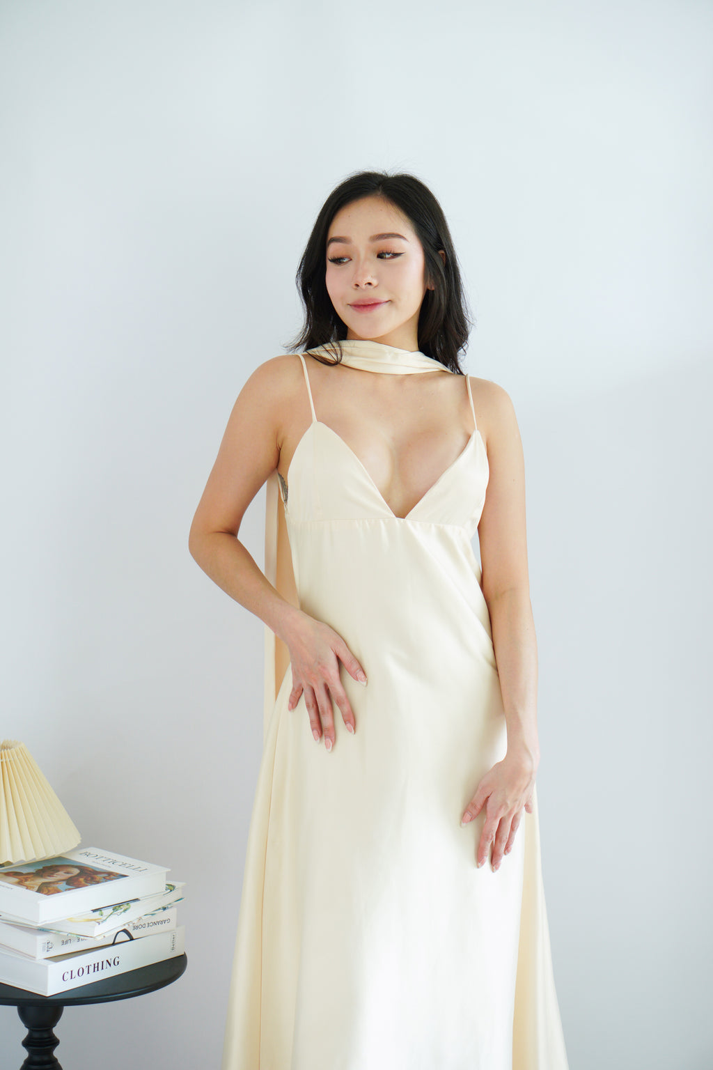 Anessa Deep V Satin Maxi Dress with Sash in Gold