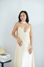 Anessa Deep V Satin Maxi Dress with Sash in Gold