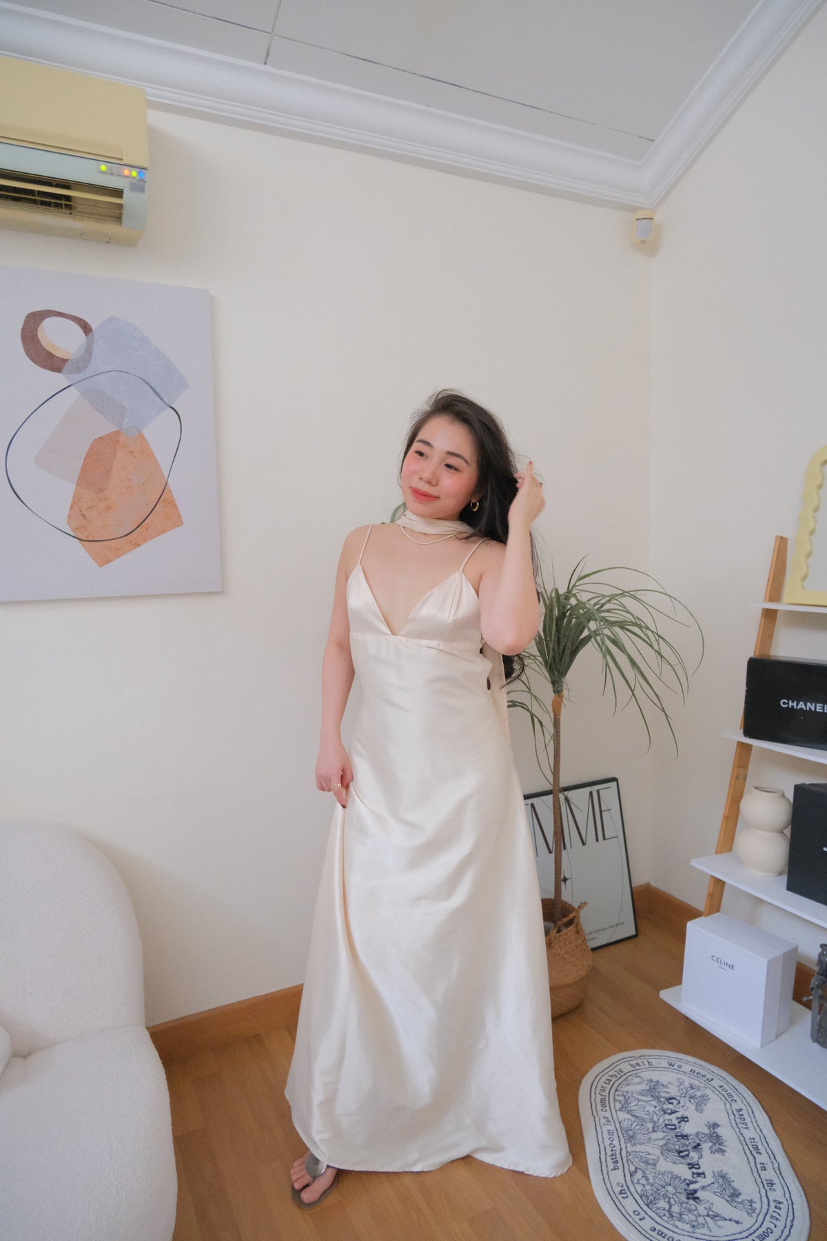 Anessa Deep V Satin Maxi Dress with Sash in Gold