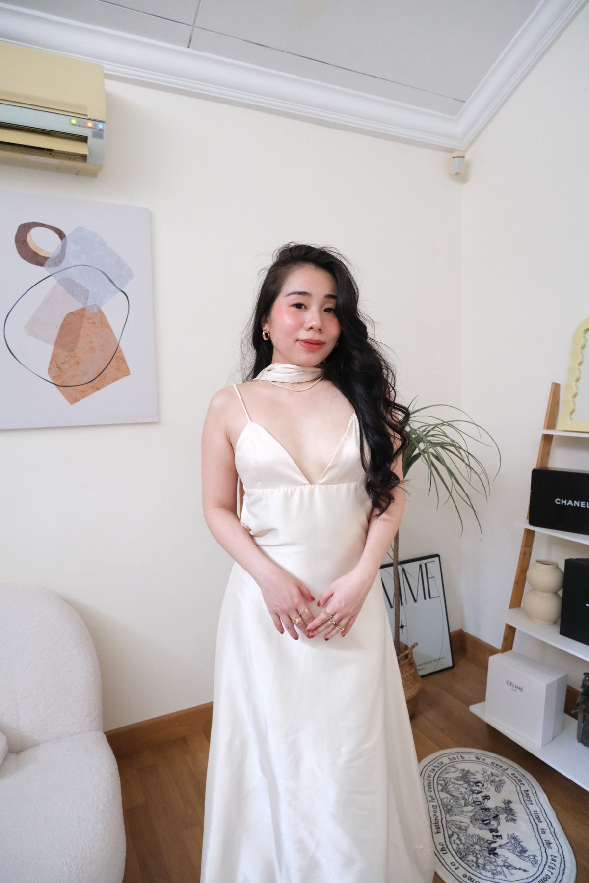 Anessa Deep V Satin Maxi Dress with Sash in Gold