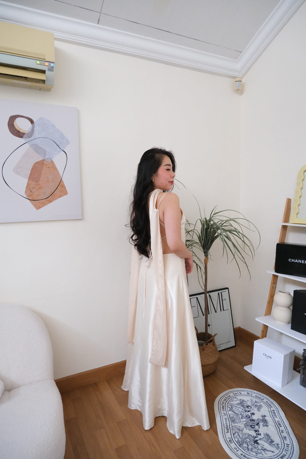 Anessa Deep V Satin Maxi Dress with Sash in Gold
