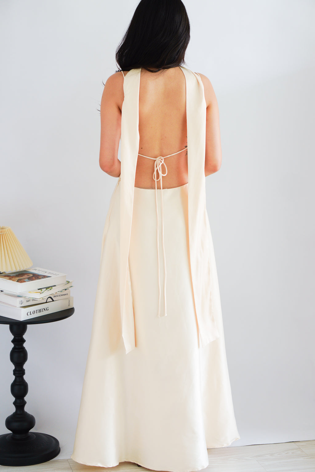 Anessa Deep V Satin Maxi Dress with Sash in Gold