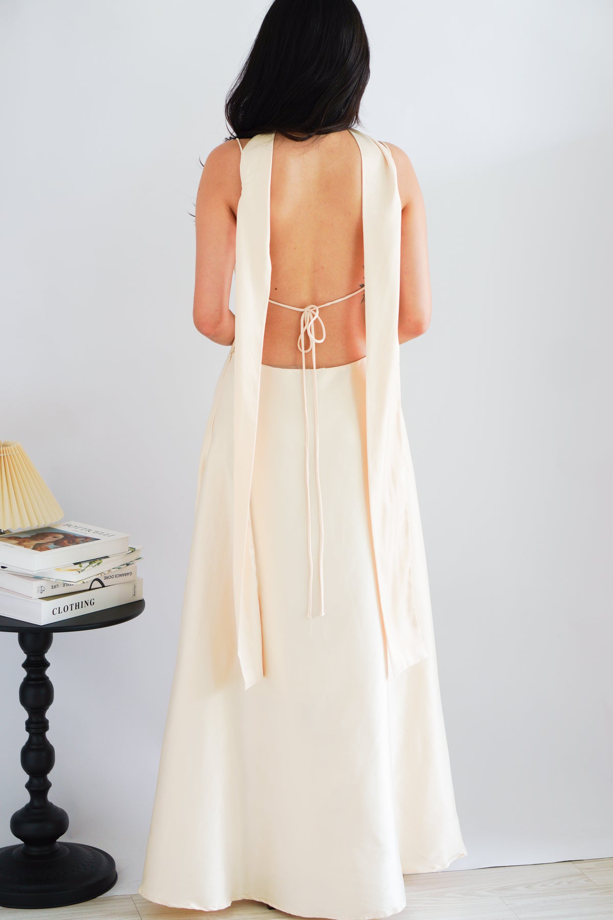 Anessa Deep V Satin Maxi Dress with Sash in Gold