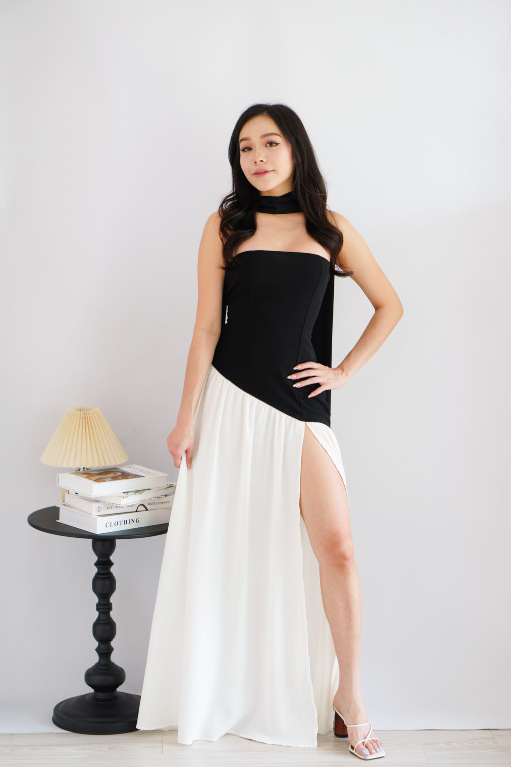 Yina Tube Asymmetrical Maxi Slit Dress with Sash in Black and White