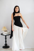 Yina Tube Asymmetrical Maxi Slit Dress with Sash in Black and White