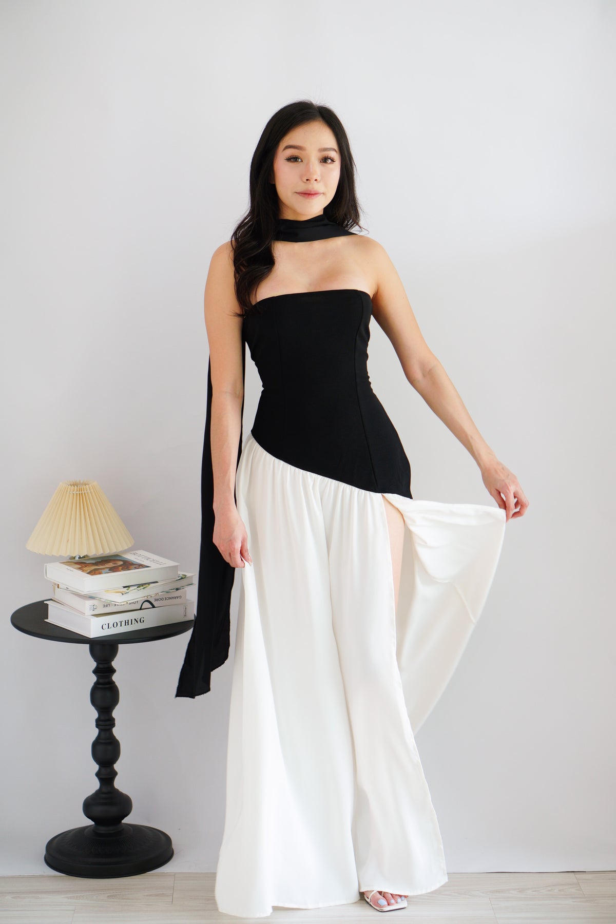 Yina Tube Asymmetrical Maxi Slit Dress with Sash in Black and White