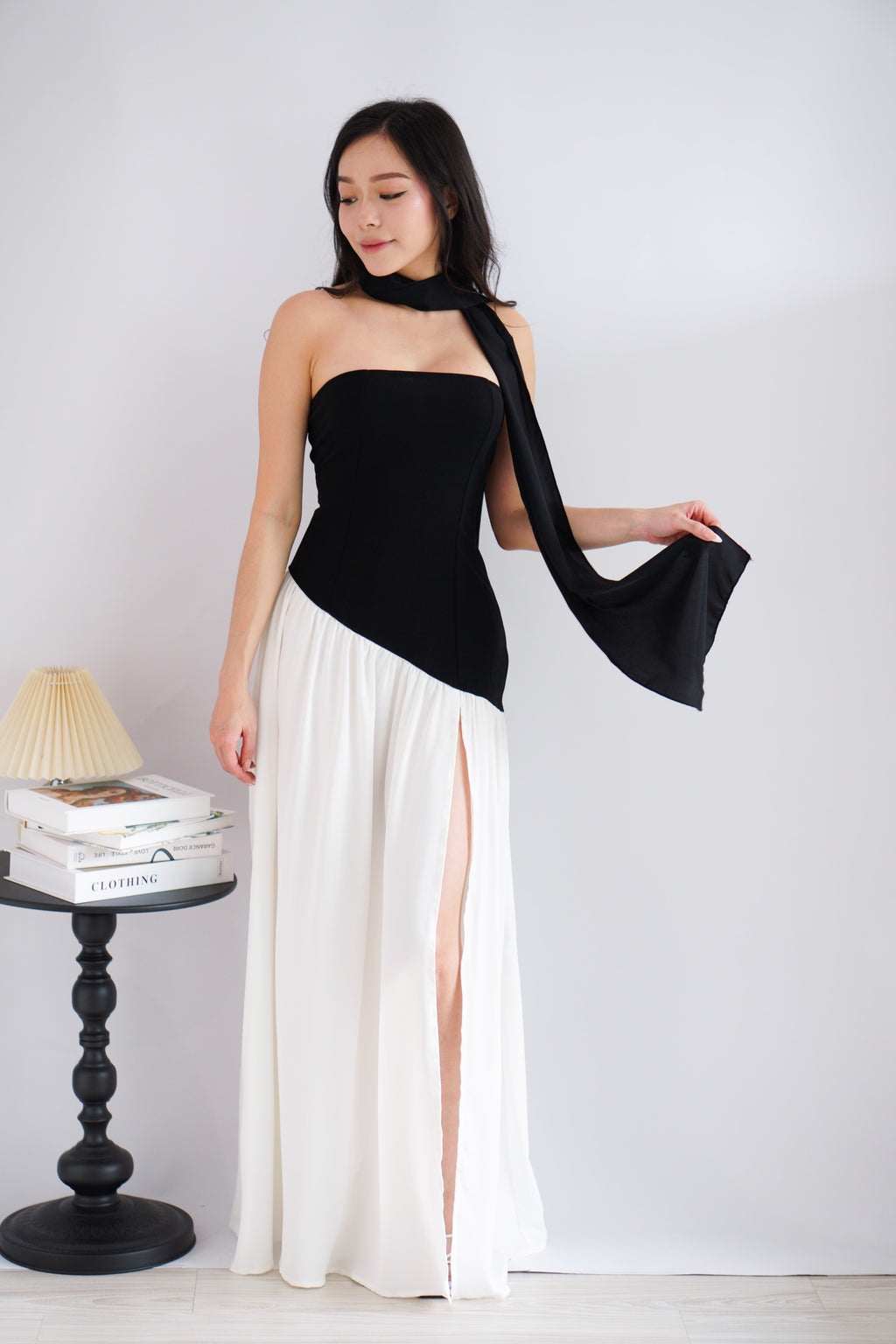 Yina Tube Asymmetrical Maxi Slit Dress with Sash in Black and White