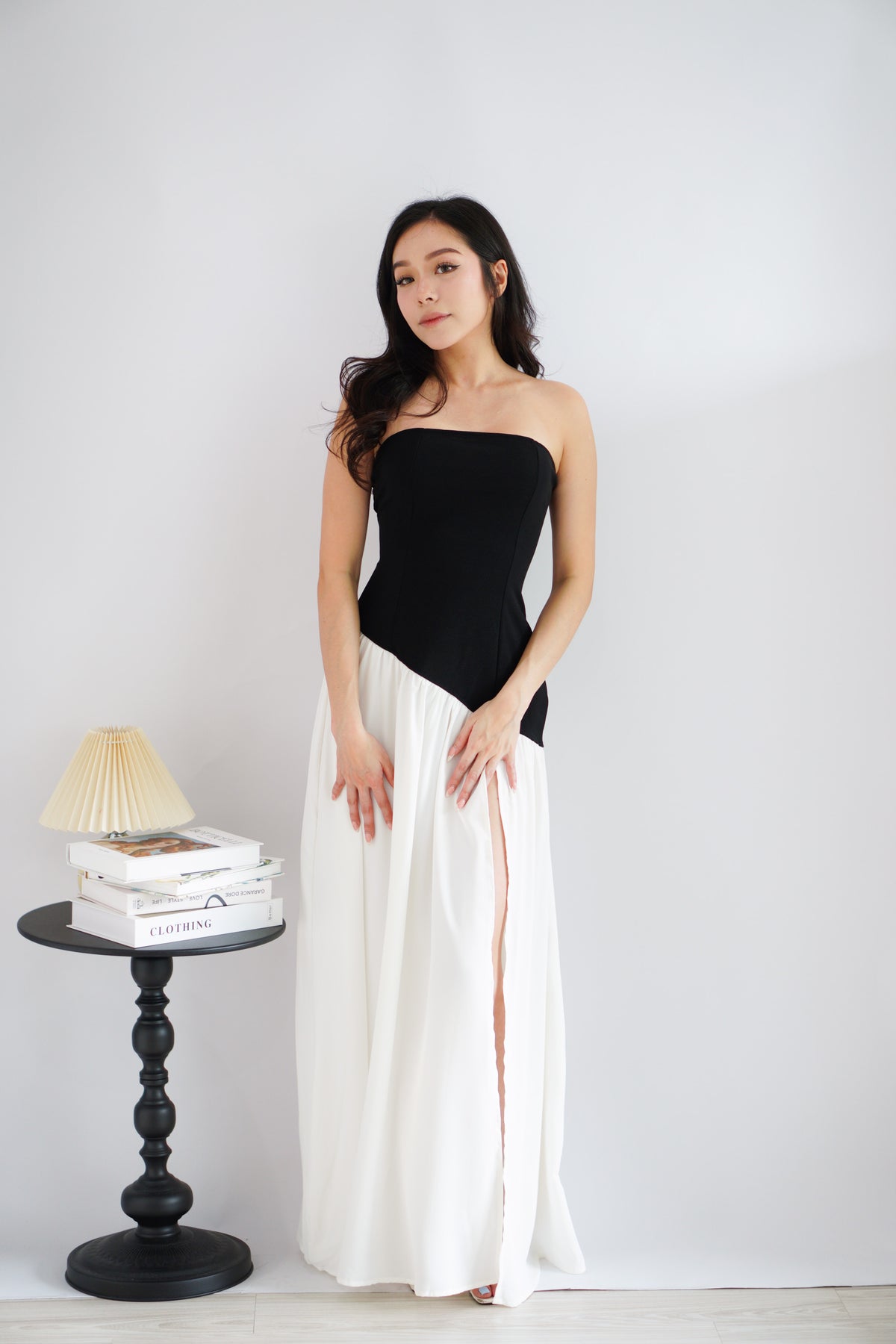 Yina Tube Asymmetrical Maxi Slit Dress with Sash in Black and White