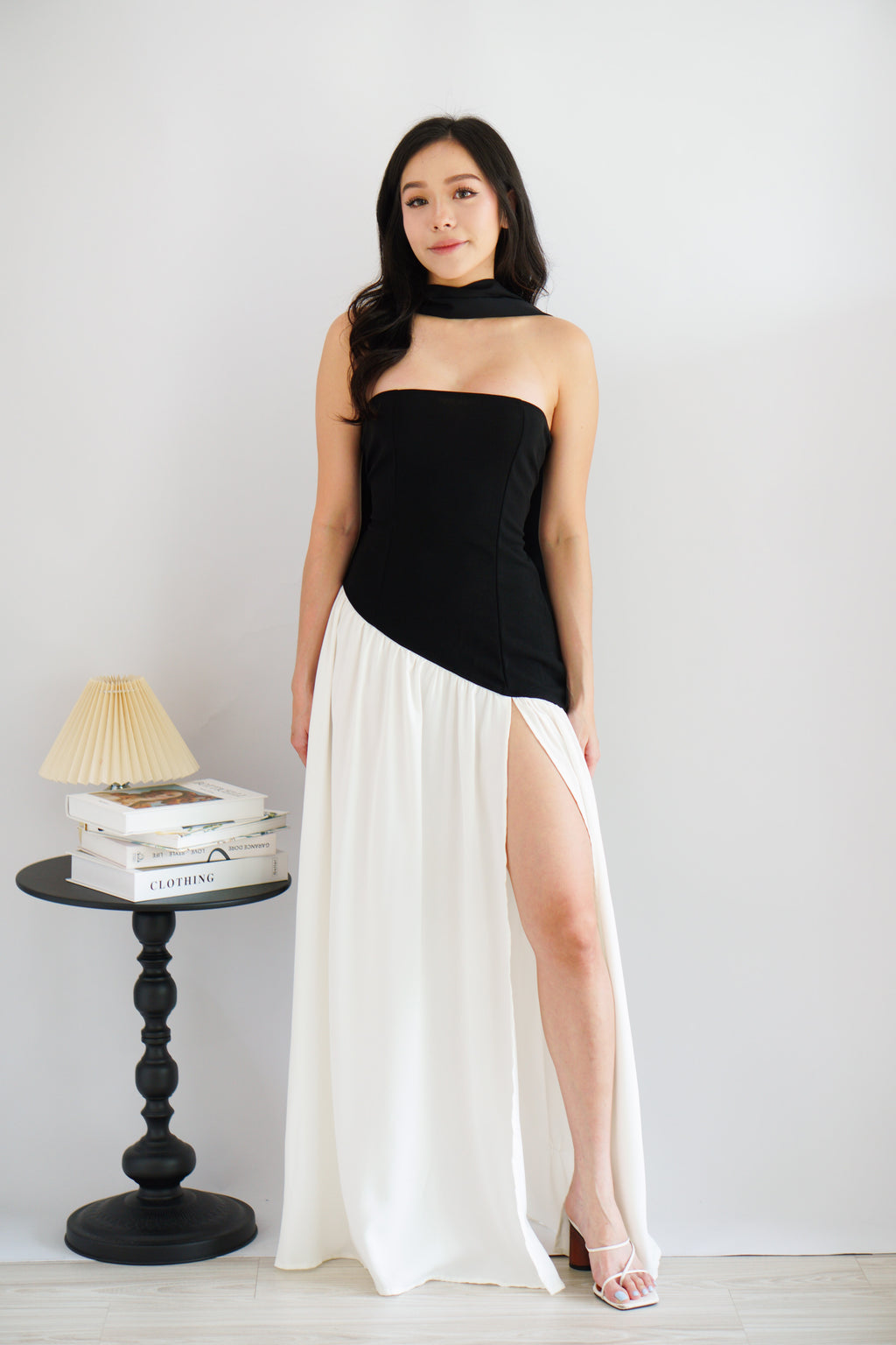 Yina Tube Asymmetrical Maxi Slit Dress with Sash in Black and White