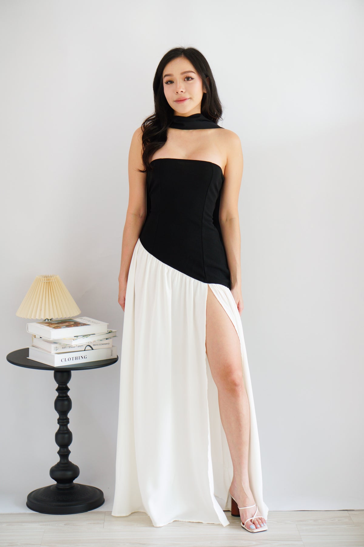 Yina Tube Asymmetrical Maxi Slit Dress with Sash in Black and White