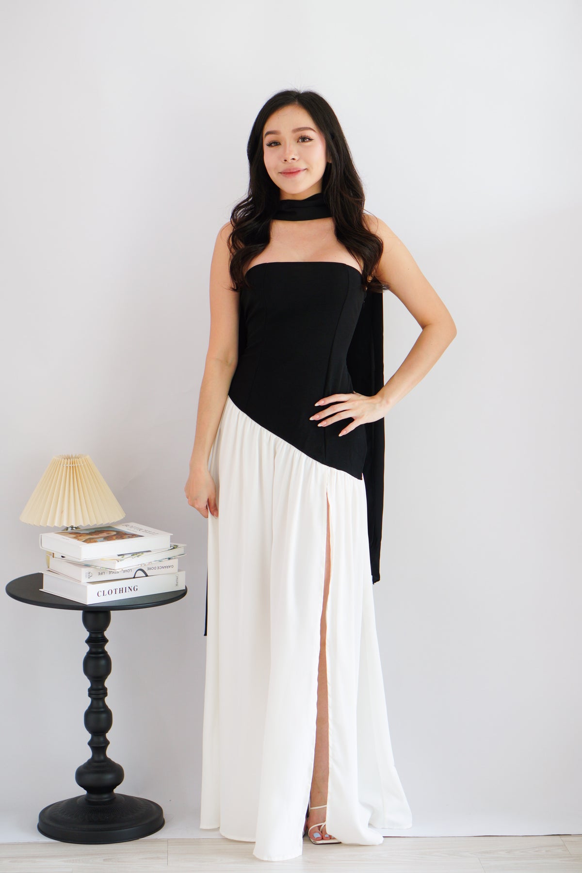 Yina Tube Asymmetrical Maxi Slit Dress with Sash in Black and White