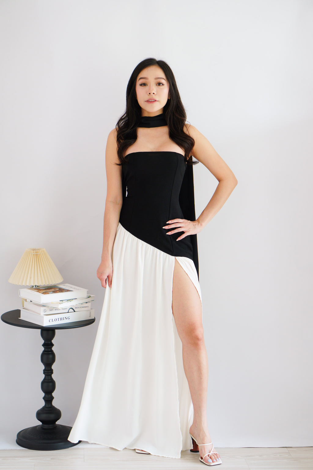 Yina Tube Asymmetrical Maxi Slit Dress with Sash in Black and White
