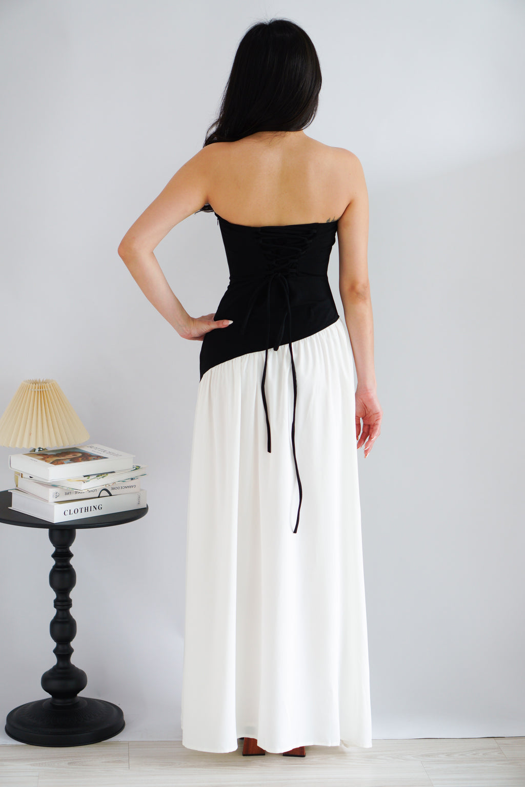 Yina Tube Asymmetrical Maxi Slit Dress with Sash in Black and White