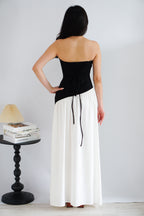 Yina Tube Asymmetrical Maxi Slit Dress with Sash in Black and White