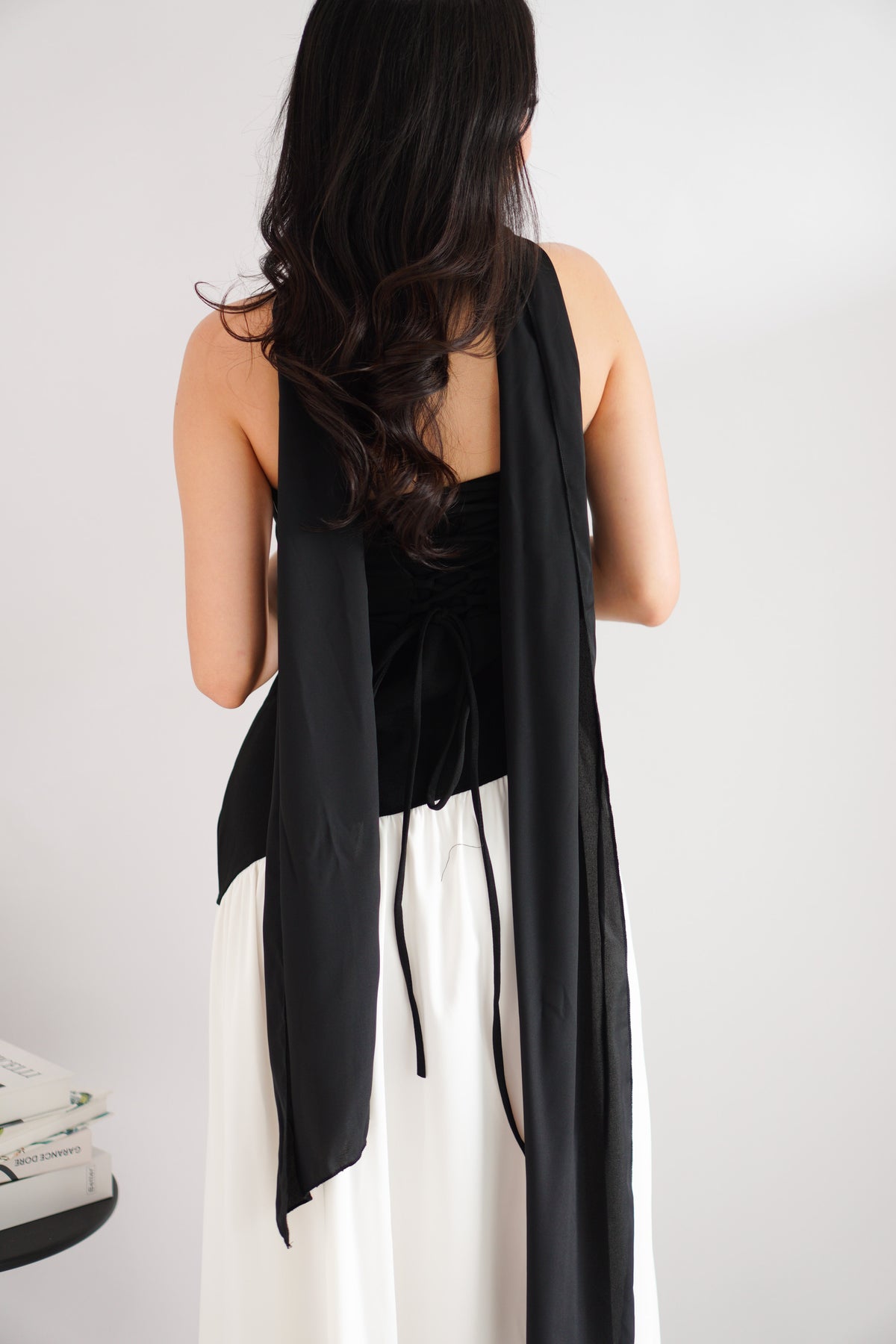 Yina Tube Asymmetrical Maxi Slit Dress with Sash in Black and White