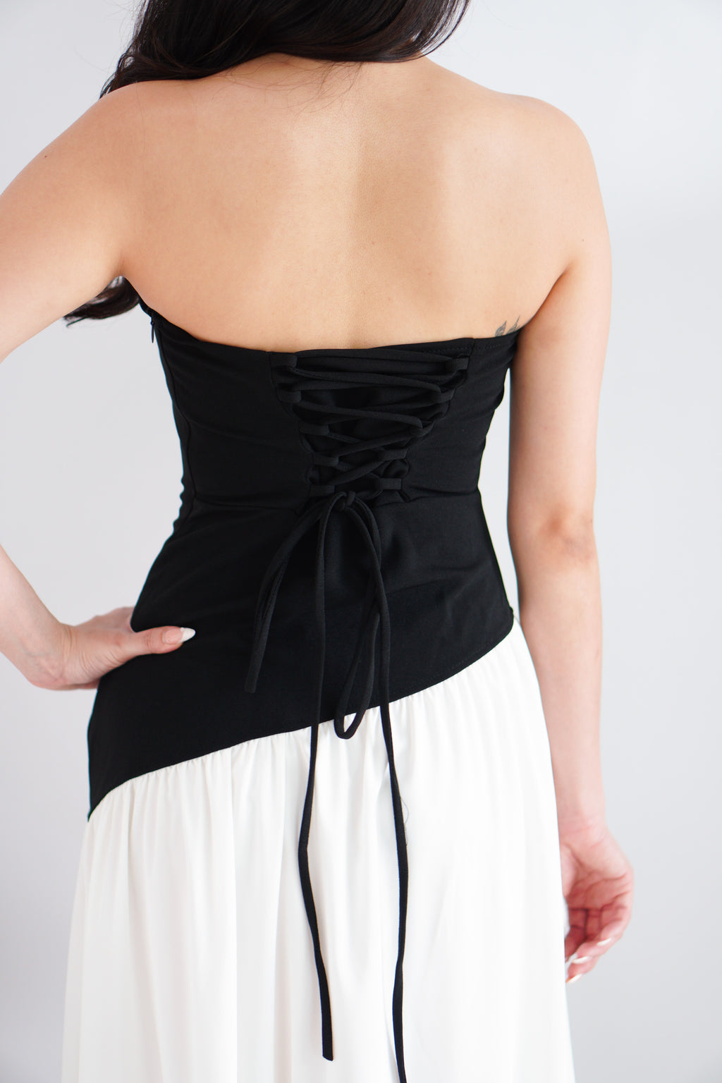 Yina Tube Asymmetrical Maxi Slit Dress with Sash in Black and White