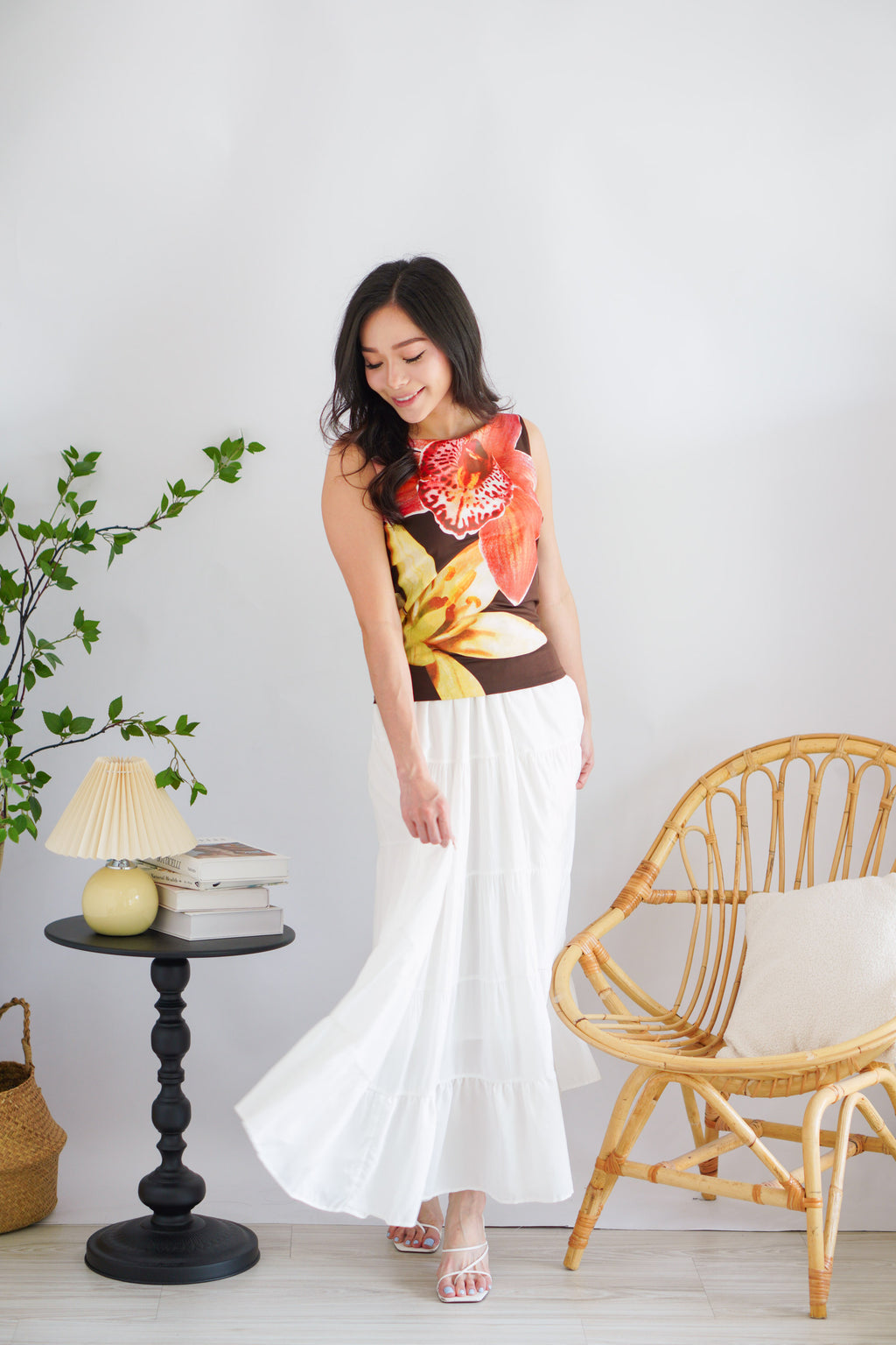 Philox Floral Printed Boat Neck Top in Brown