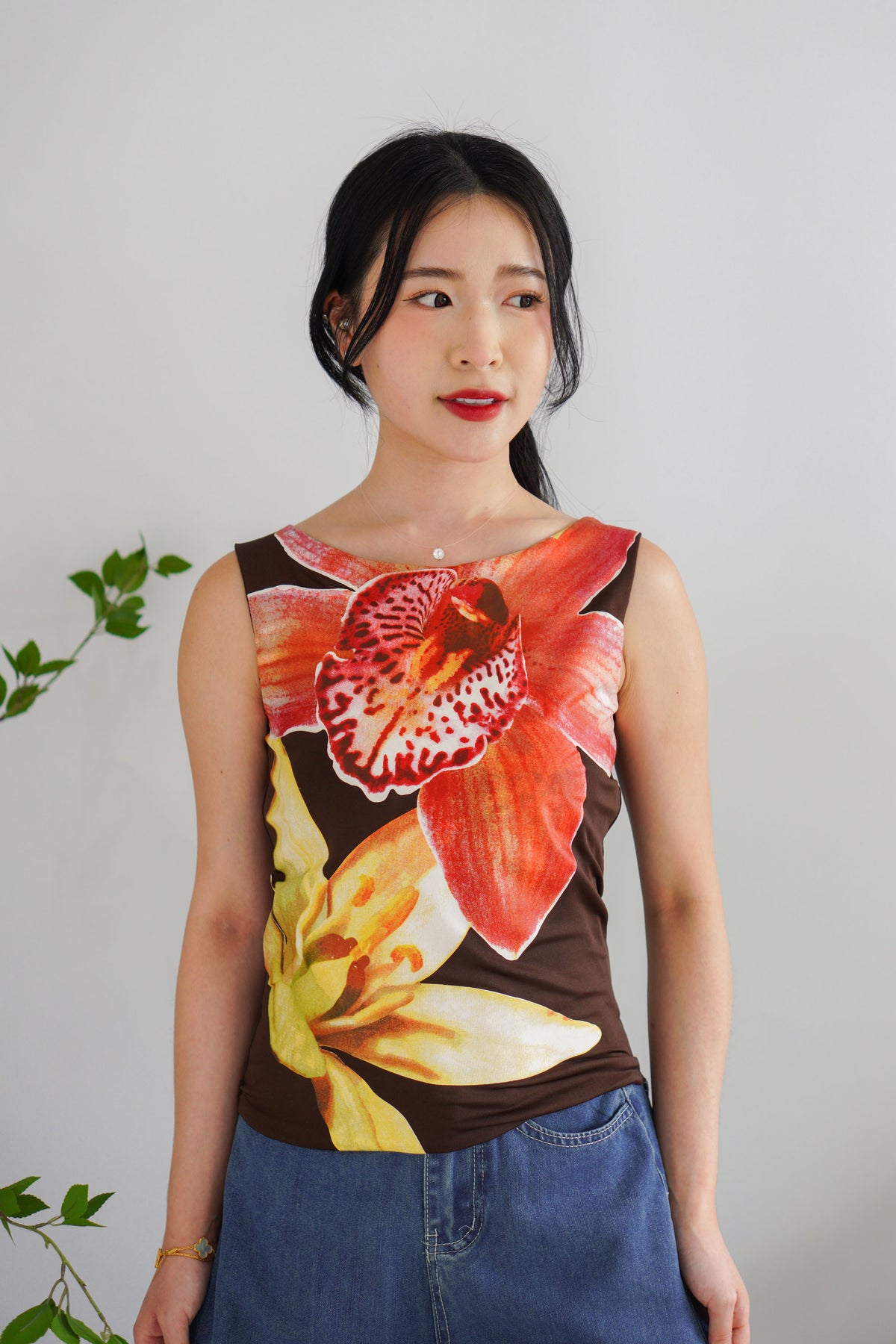 Philox Floral Printed Boat Neck Top in Brown