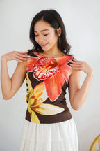 Philox Floral Printed Boat Neck Top in Brown