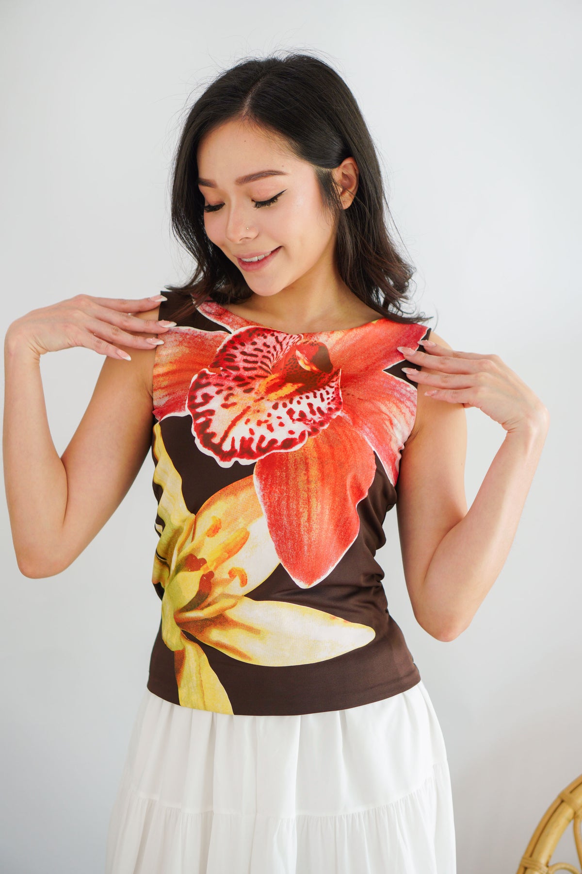 Philox Floral Printed Boat Neck Top in Brown