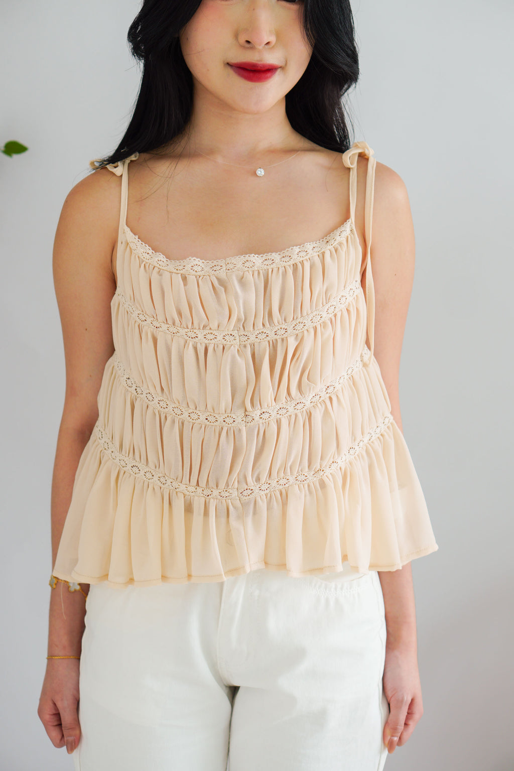 Lysandra Layered Pleated Self Tied Top in Beige