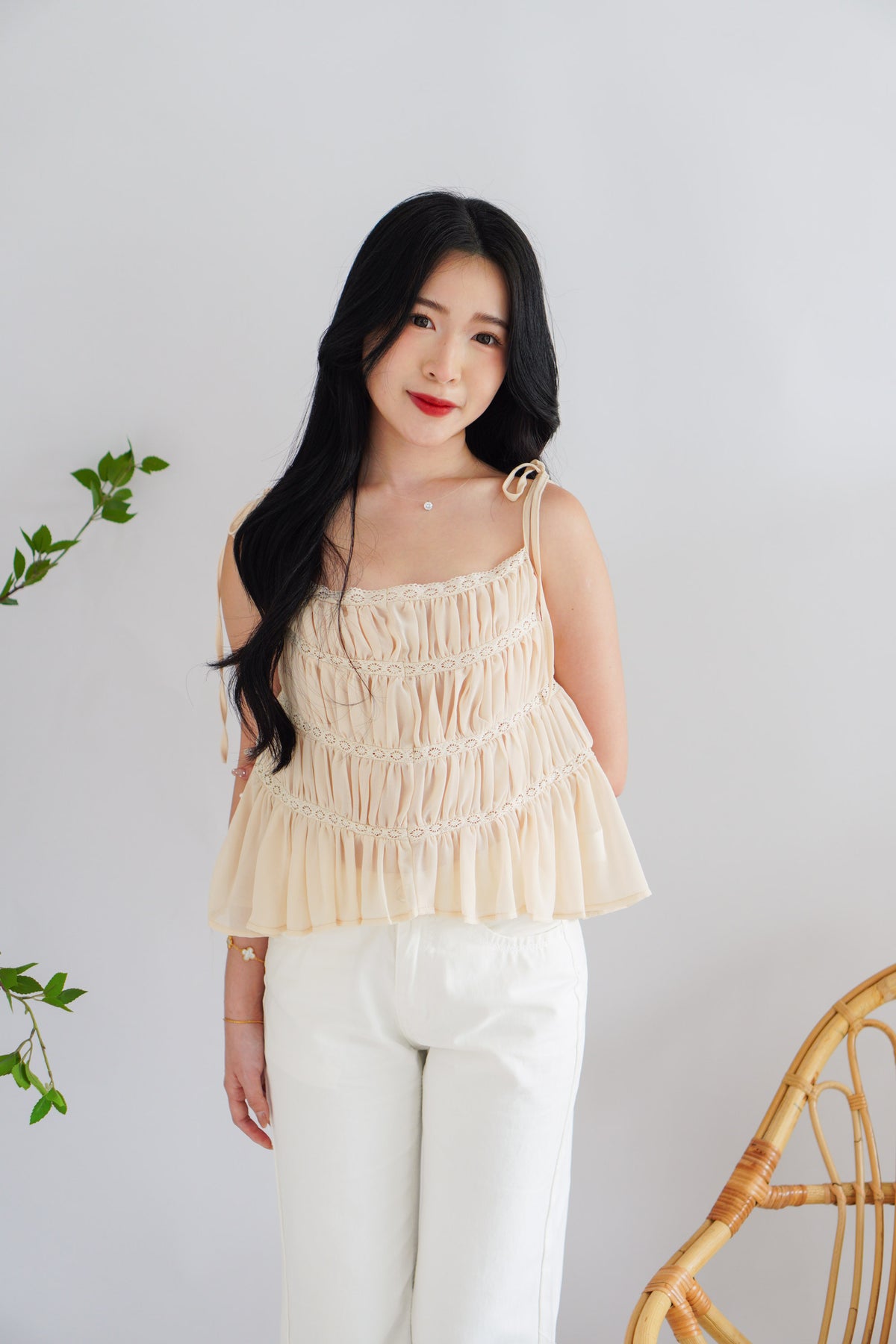 Lysandra Layered Pleated Self Tied Top in Beige