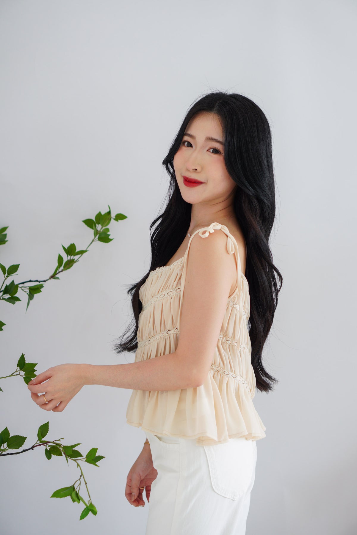 Lysandra Layered Pleated Self Tied Top in Beige