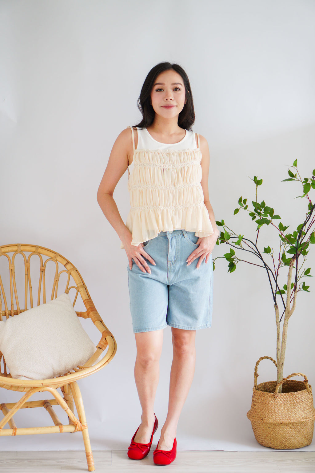 Lysandra Layered Pleated Self Tied Top in Beige
