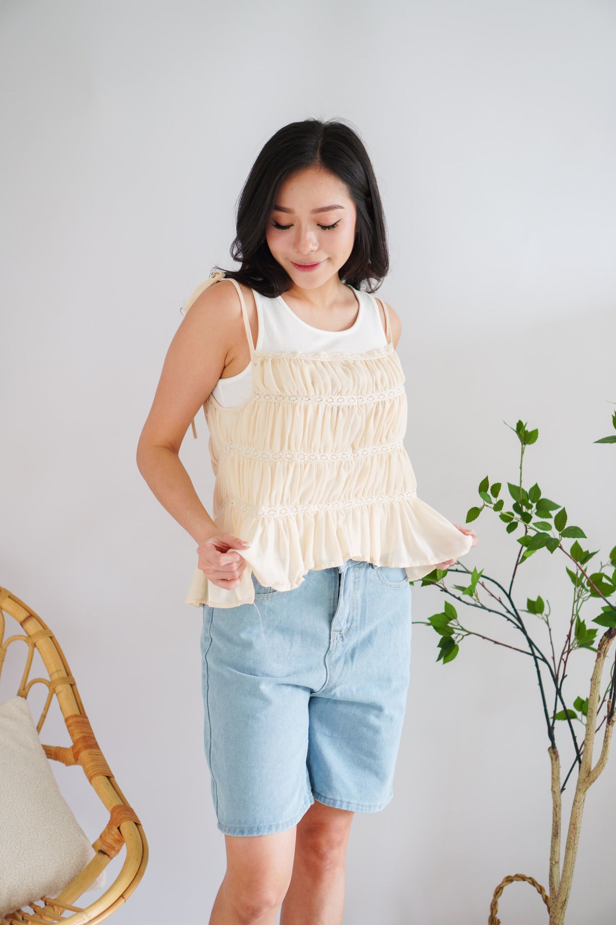 Lysandra Layered Pleated Self Tied Top in Beige