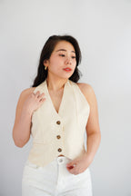Karie Halter Neck Linen Vest Top in Cream