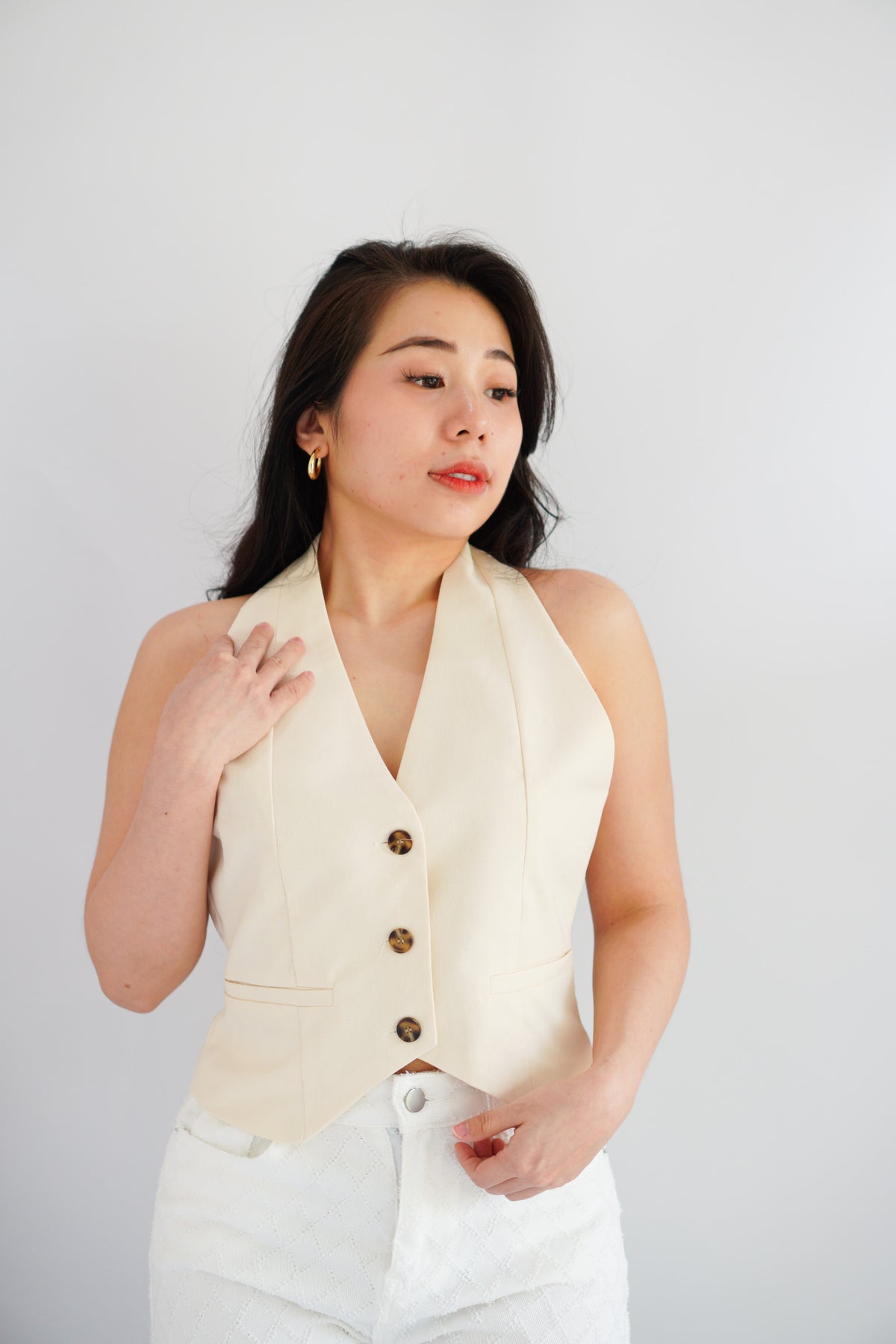 Karie Halter Neck Linen Vest Top in Cream