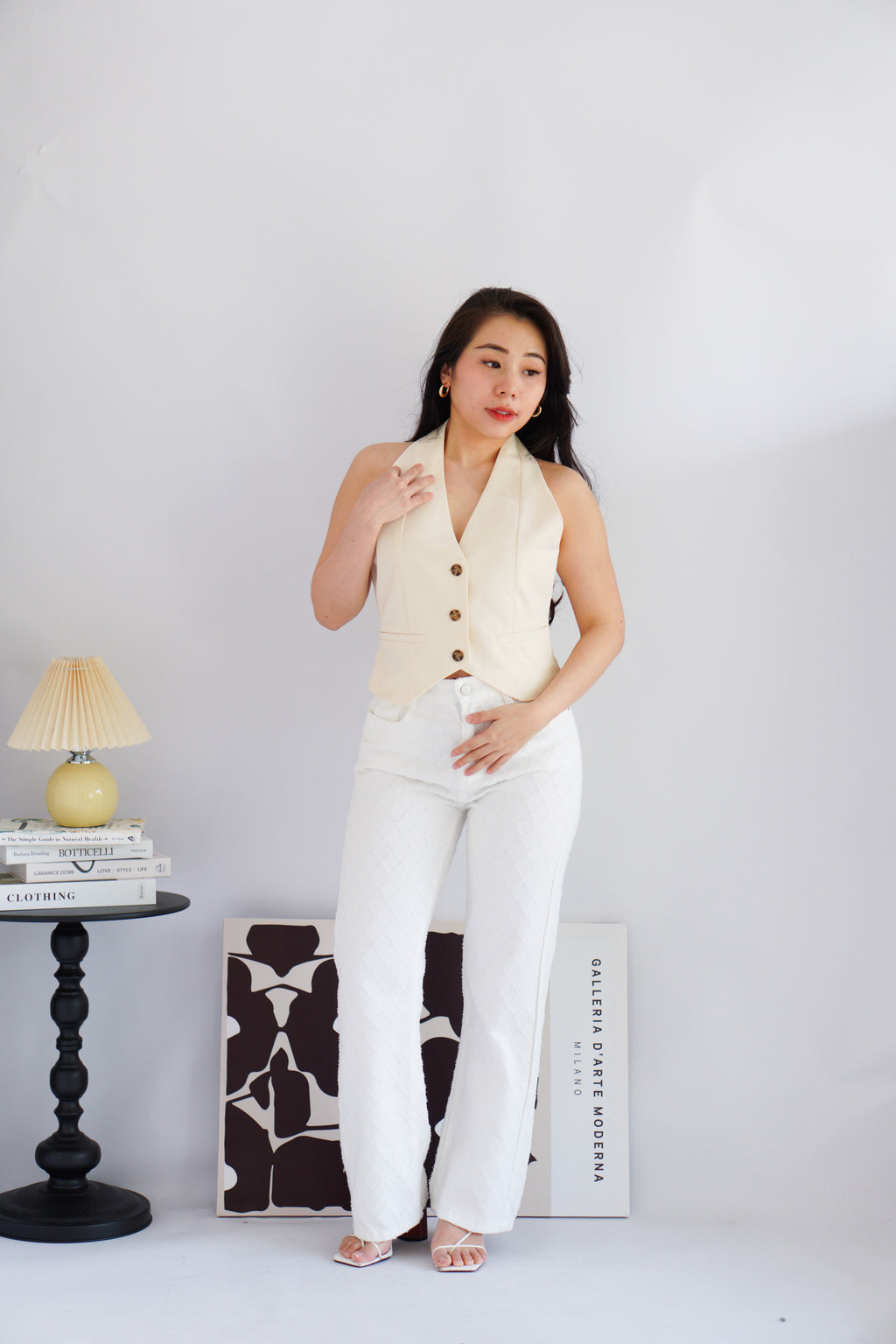 Karie Halter Neck Linen Vest Top in Cream