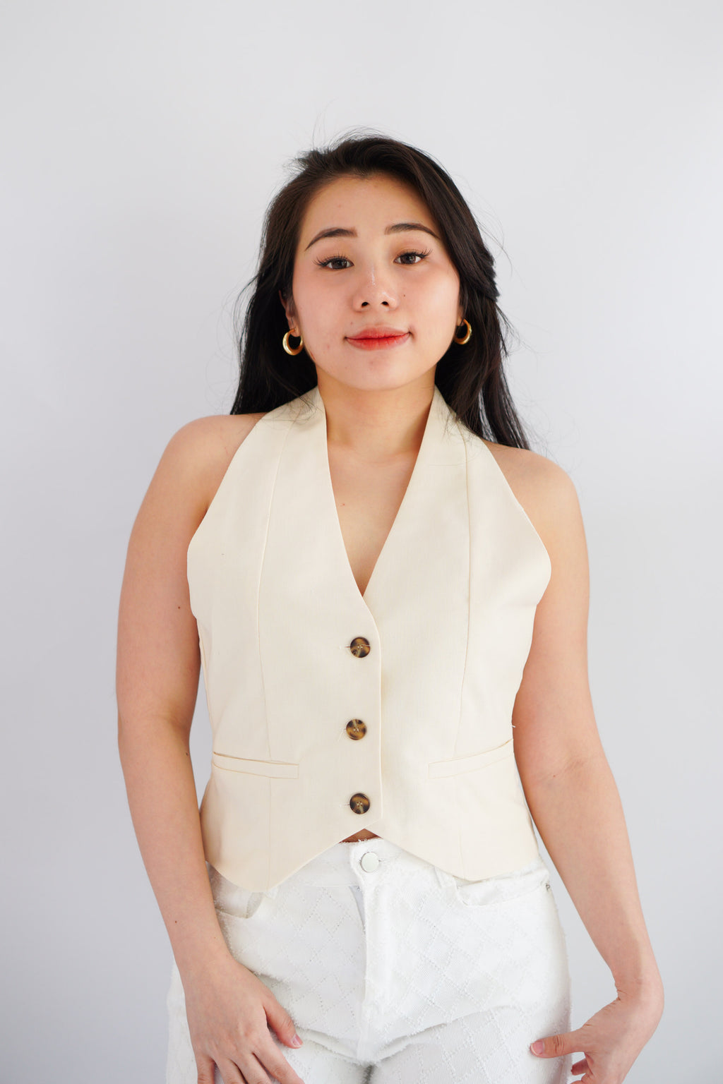Karie Halter Neck Linen Vest Top in Cream