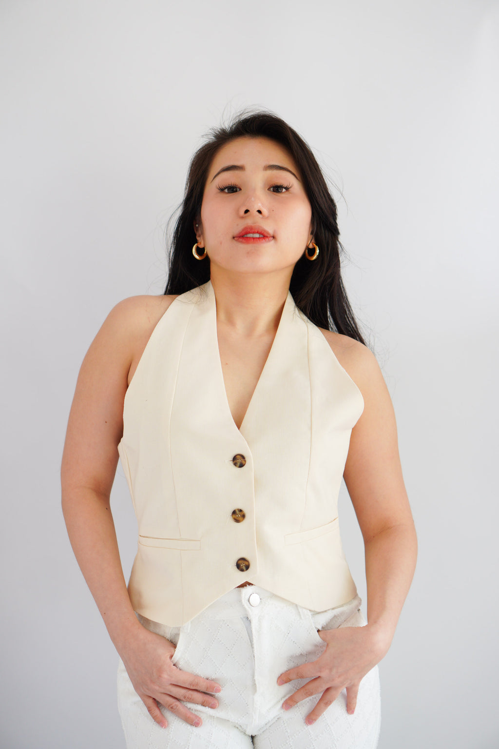 Karie Halter Neck Linen Vest Top in Cream