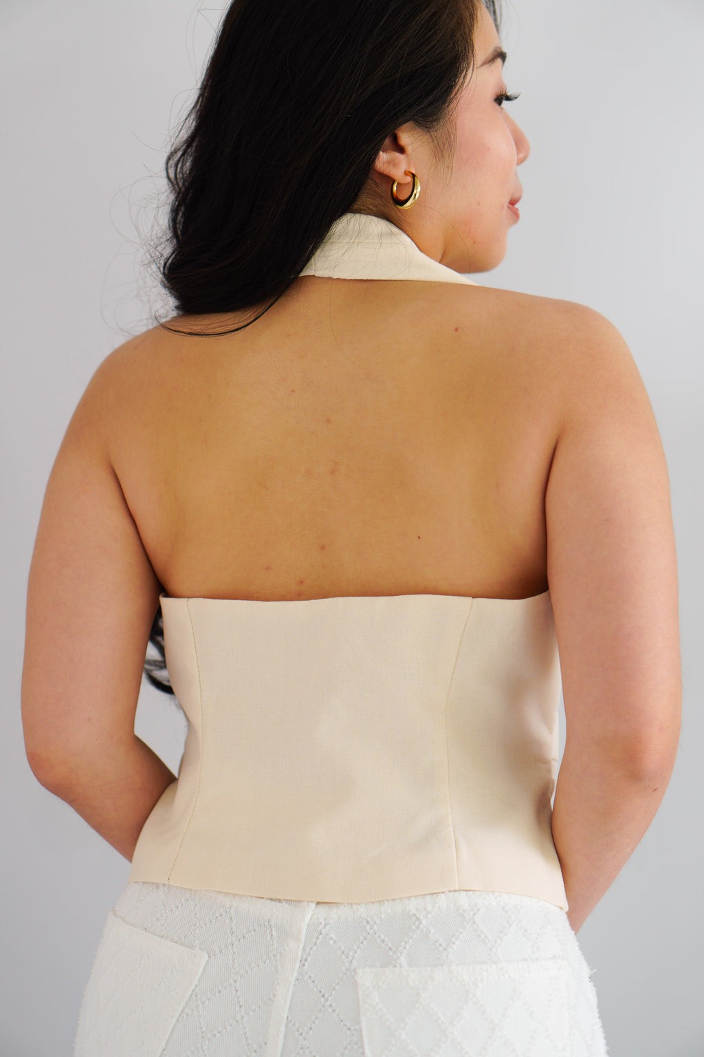 Karie Halter Neck Linen Vest Top in Cream