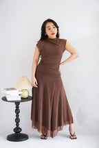 Zelle Mesh Ruched Layered Maxi Dress in Brown