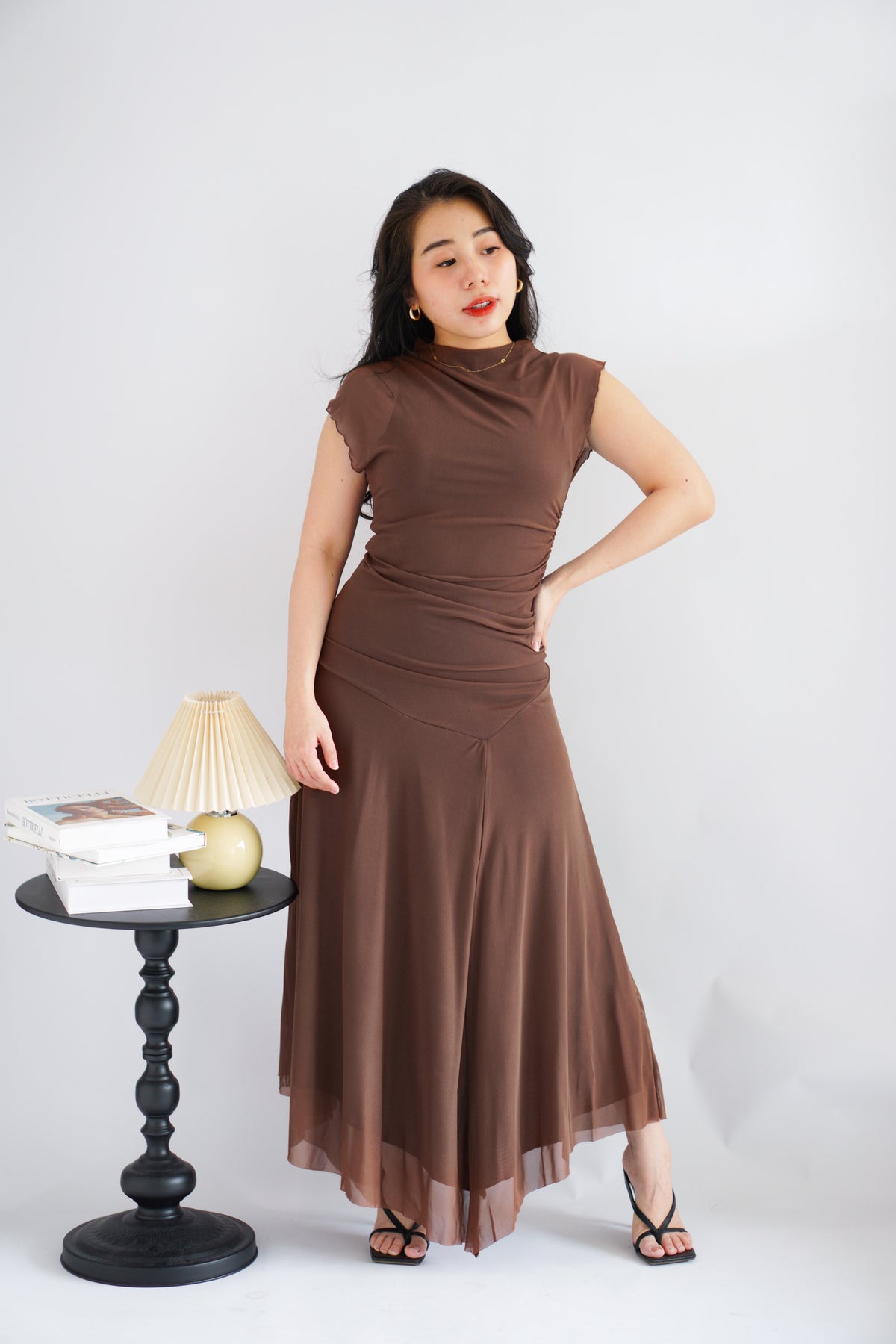 Zelle Mesh Ruched Layered Maxi Dress in Brown