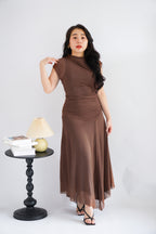 Zelle Mesh Ruched Layered Maxi Dress in Brown