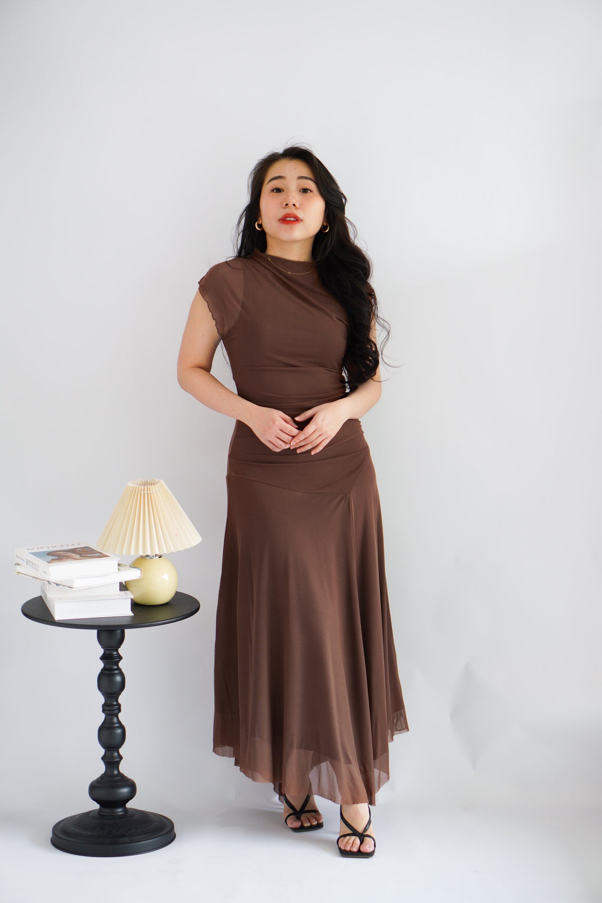 Zelle Mesh Ruched Layered Maxi Dress in Brown