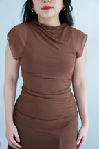 Zelle Mesh Ruched Layered Maxi Dress in Brown