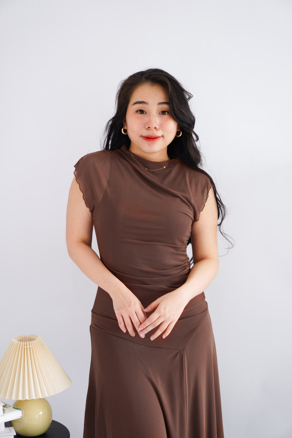 Zelle Mesh Ruched Layered Maxi Dress in Brown