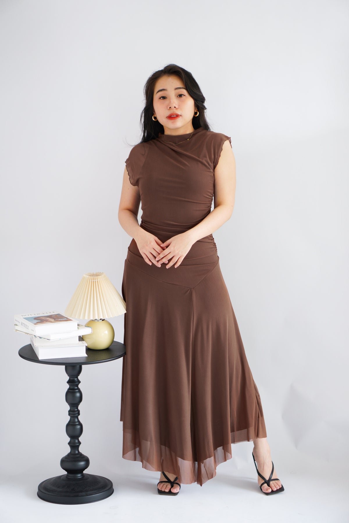 Zelle Mesh Ruched Layered Maxi Dress in Brown