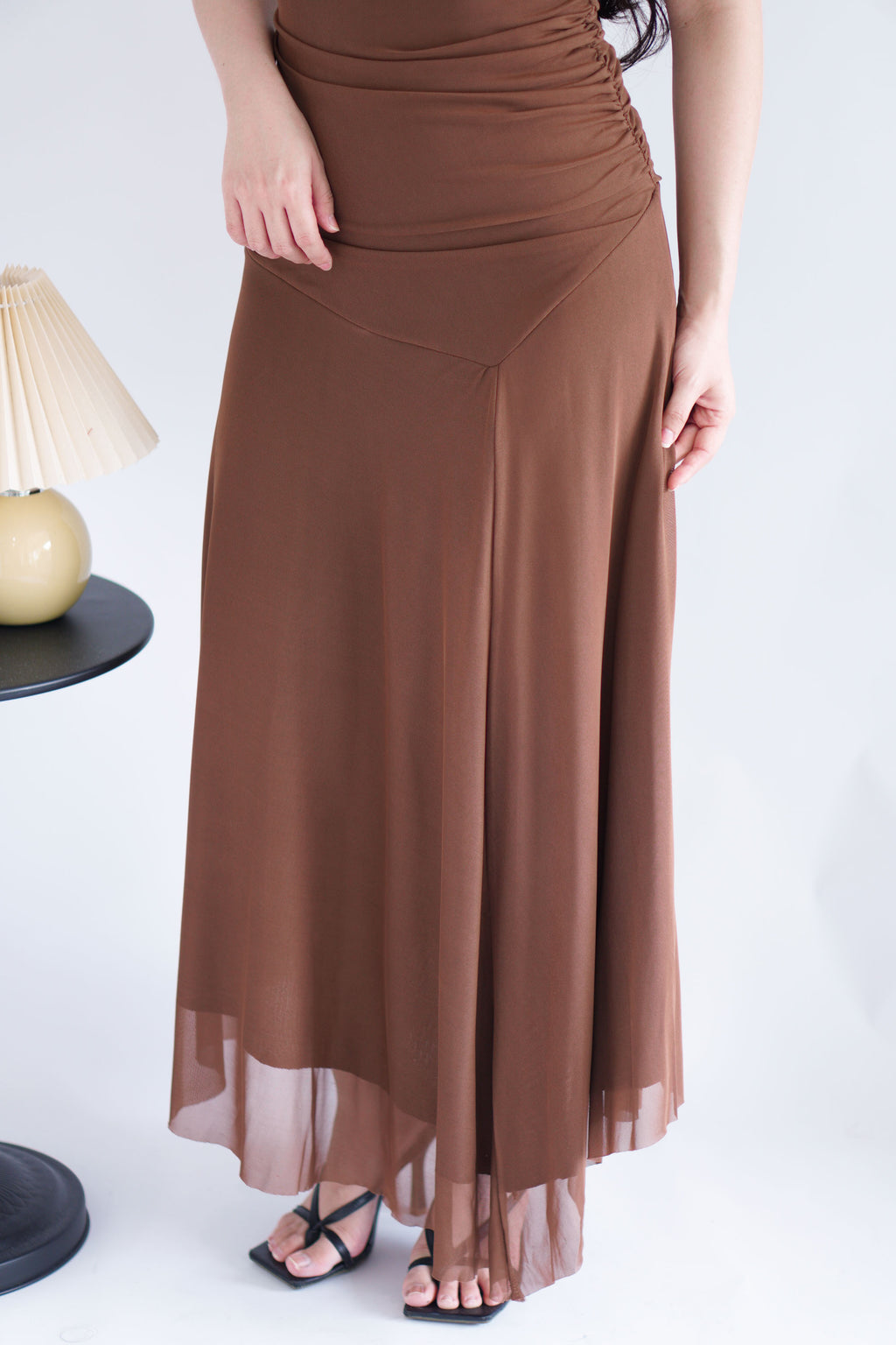 Zelle Mesh Ruched Layered Maxi Dress in Brown