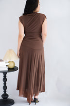 Zelle Mesh Ruched Layered Maxi Dress in Brown
