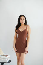 Choco V Neck Mini Bodycon Slit Dress in Brown