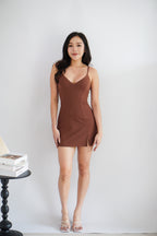 Choco V Neck Mini Bodycon Slit Dress in Brown