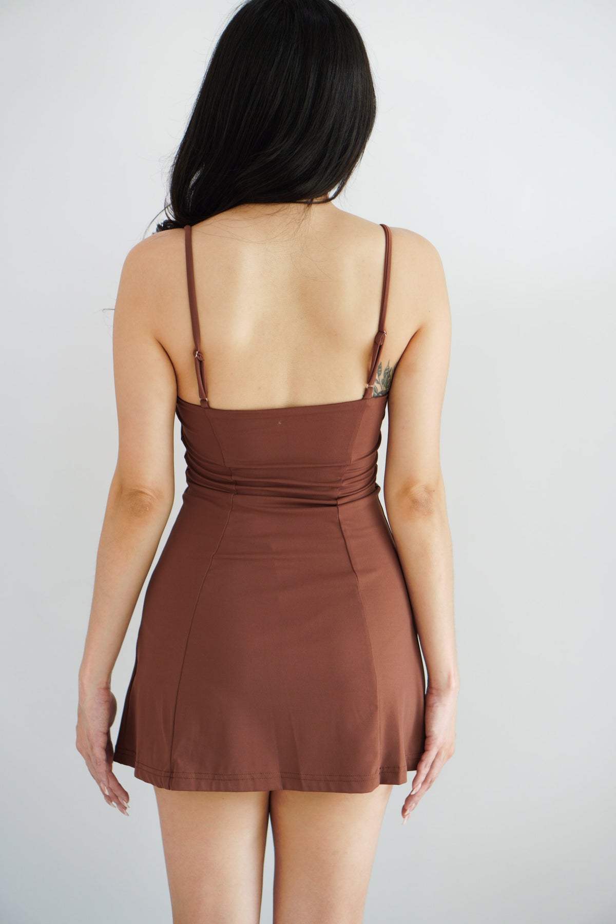 Choco V Neck Mini Bodycon Slit Dress in Brown