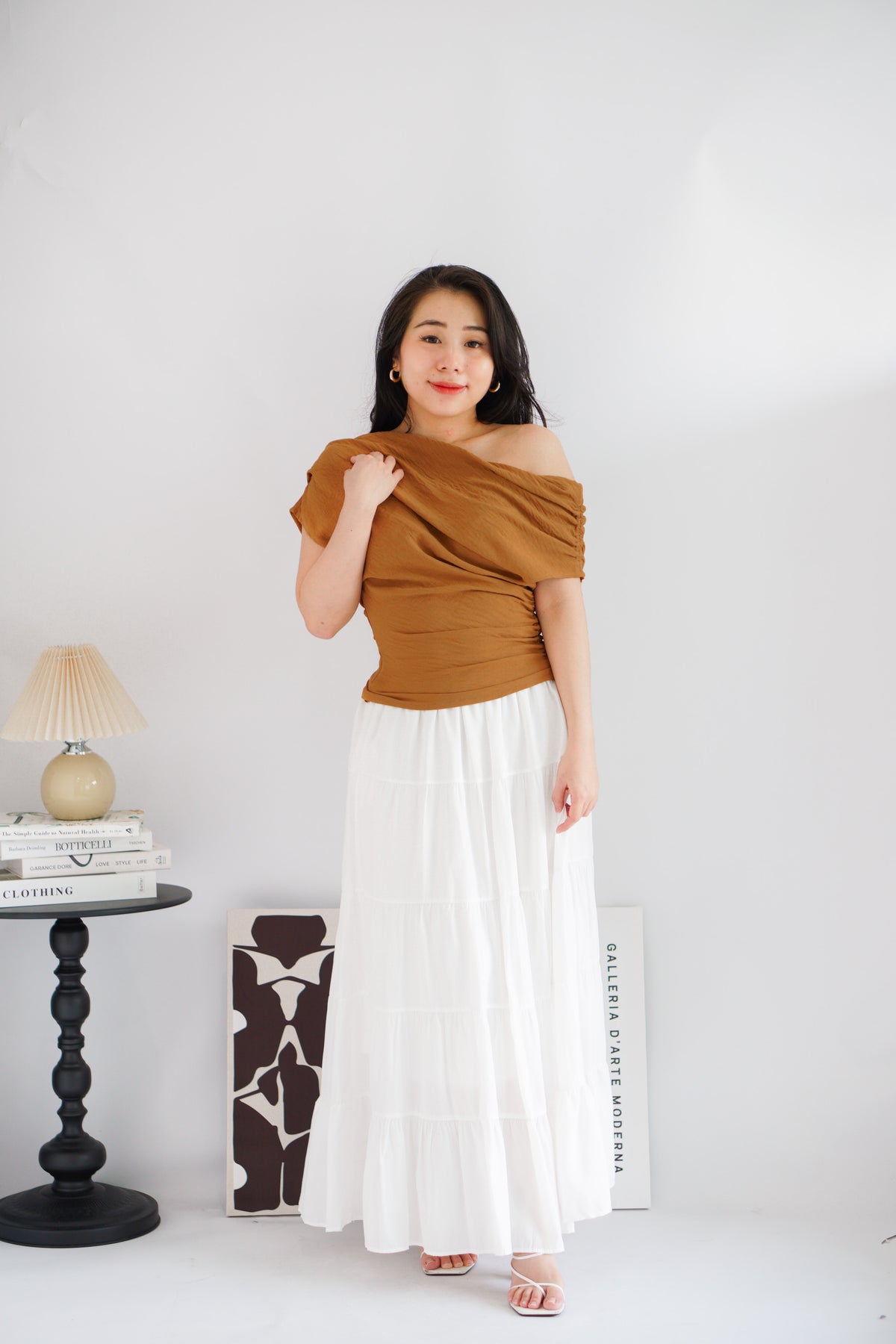 Jilsa Ruched Toga Off Shoulder Top in Brown