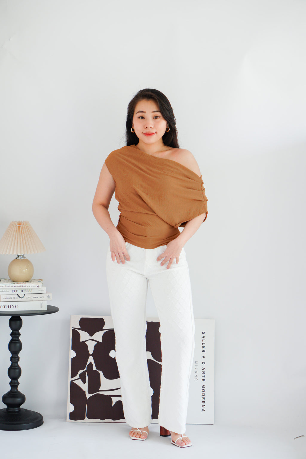 Jilsa Ruched Toga Off Shoulder Top in Brown