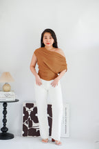 Jilsa Ruched Toga Off Shoulder Top in Brown